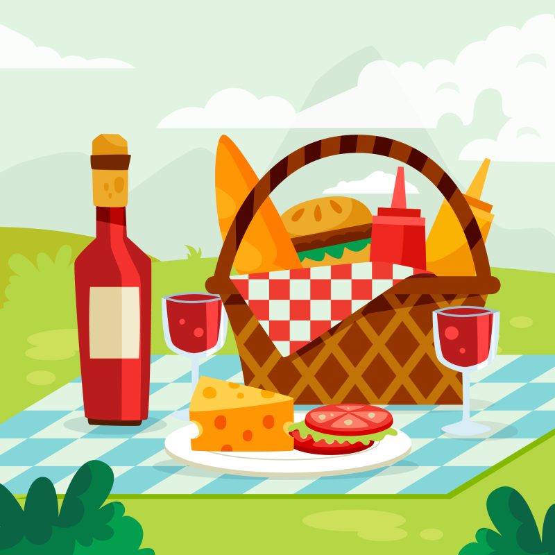 Image of picnic basket, food, wine