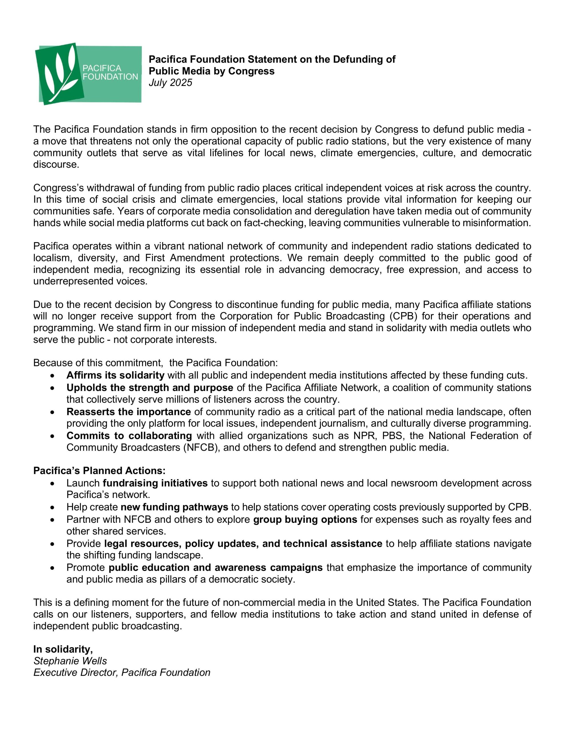 Statement from Pacifica Foundation director re congress defunding public media